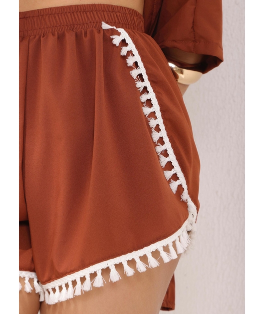 SAÍDA DE PRAIA KIMONO COM SHORT DE FRANJA MARROM COLEÇÃO BÚZIOS