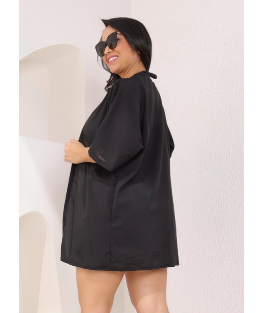 SAÍDA DE PRAIA KIMONO COM SHORT DE FRANJA PRETO COLEÇÃO BÚZIOS