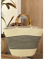 BOLSA DE PALHA COM ALÇA DE BAMBU NATURAL E LISTRAS PRETA - 1