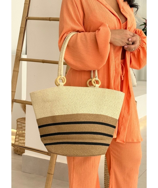 BOLSA LISTRADA COM ALÇA DE CORDA CARAMELO COM PRETA