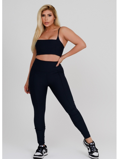 CONJUNTO FIT HYPER TOP ALÇA CALÇA COM BOLSOS COS ALTO PRETO