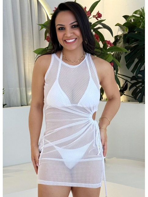 SAÍDA DE PRAIA DRESS FRANZIDO TULE EM LISTRA BRANCO 0207