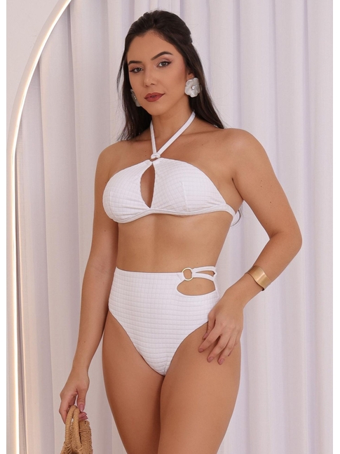 BIQUÍNI TOP FRENTE ÚNICA CALCINHA ALTA BRANCO COLEÇÃO MARÉ FASHION