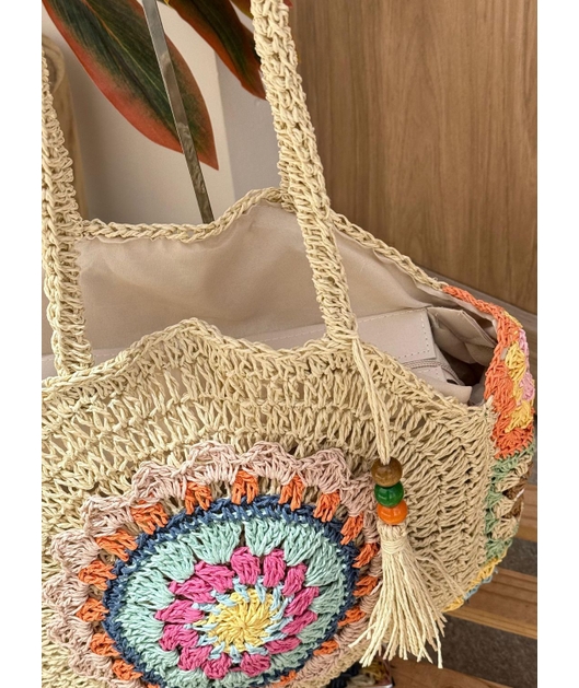 BOLSA DE PRAIA CROCHÊ MANDALA COLORIDA
