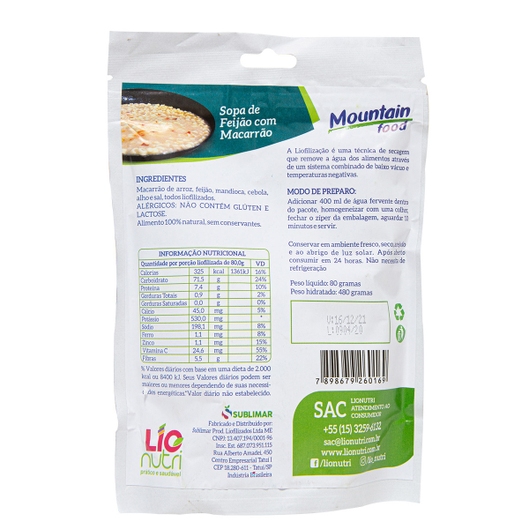 SOPA DE FEIJÃO COM MACARRÃO LIOFILIZADO LIONUTRI