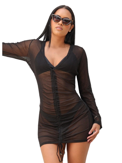 SAÍDA DE PRAIA DRESS FRANZIDO NO TULE PRETO