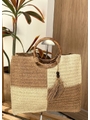 BOLSA QUADRADA BICOLOR PALHA COM ALÇA DE MADEIRA - 1