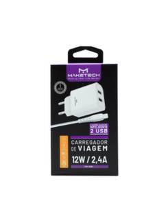 KIT CARREGADOR TOMADA 2 USB C/CABO LIGHTNING - CM-109I 12W - BRANCO - UN - MAKETECH