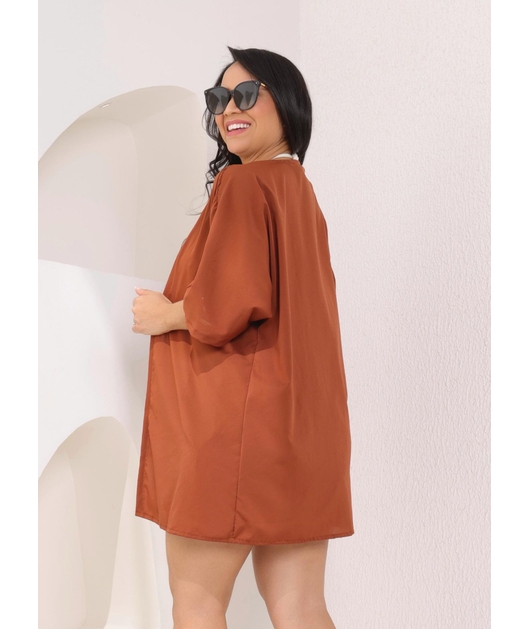 SAÍDA DE PRAIA KIMONO COM SHORT DE FRANJA MARROM COLEÇÃO BÚZIOS