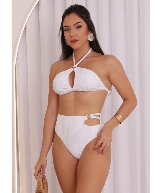 BIQUÍNI TOP FRENTE ÚNICA CALCINHA ALTA BRANCO COLEÇÃO MARÉ FASHION - GG