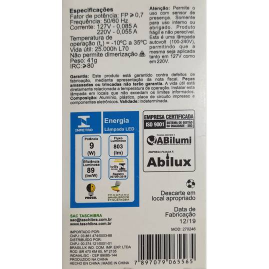 LÂMPADA LED COMPACTA TASCHIBRA LUZ AMARELA 3000K TKL 60 - 9W BIVOLT