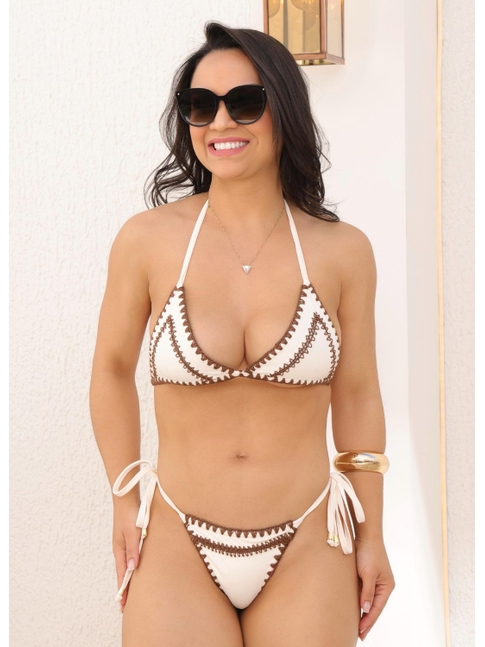 BIQUÍNI CORTININHA ARTESANAL CALCINHA DE AMARRAR OFF WHITE COLEÇÃO PÉ NA AREIA