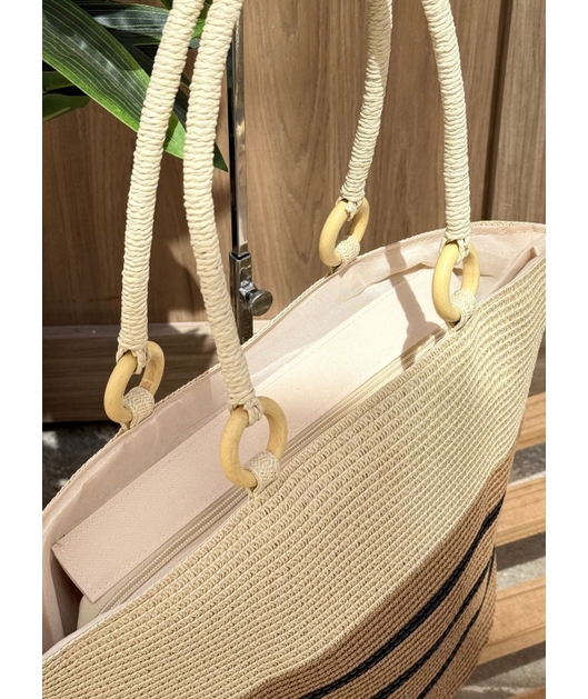 BOLSA LISTRADA COM ALÇA DE CORDA CARAMELO COM PRETA