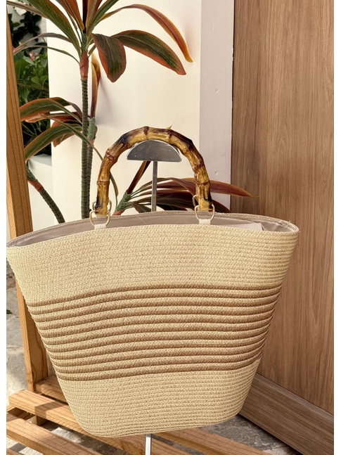 BOLSA DE PALHA COM ALÇA DE BAMBU LISTRAS NATURAL