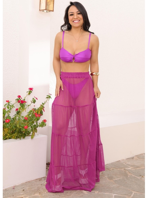 SAÍDA DE PRAIA SAIA LONGA TULE EM LISTRAS ROXO FÚCSIA COLEÇÃO SUNSET