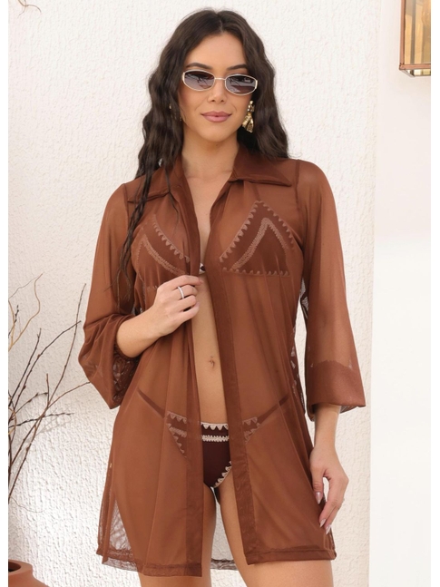 SAÍDA DE PRAIA CAMISA NO TULE MARROM COLEÇÃO PÉ NA AREIA