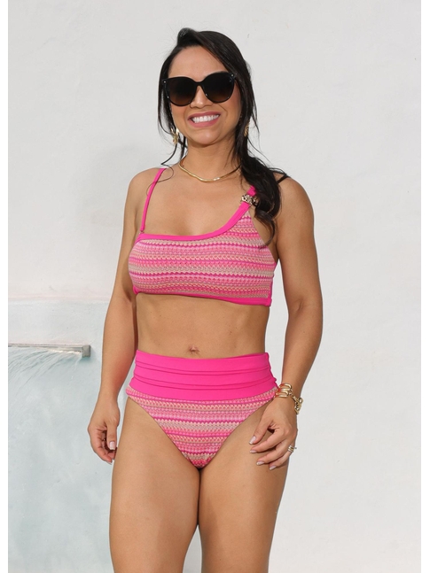 BIQUÍNI TOP NULA MANGA CALCINHA ALTA ROSA COLEÇÃO ÁGUA DE COCO