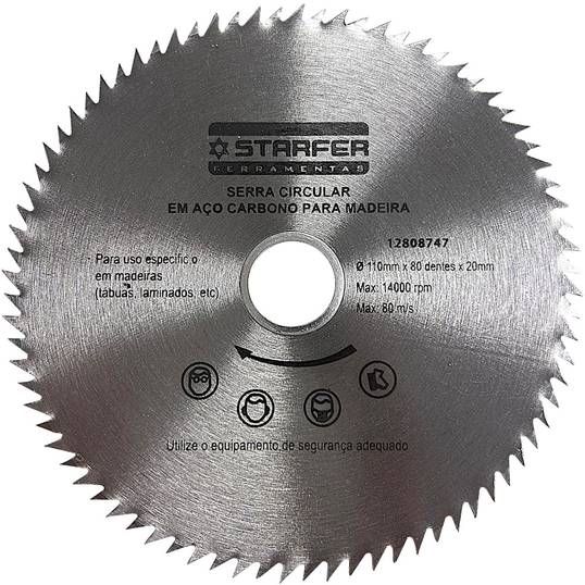 SERRA CIRCULAR EM AÇO CARBONO PARA MADEIRA STARFER 110MMX80D