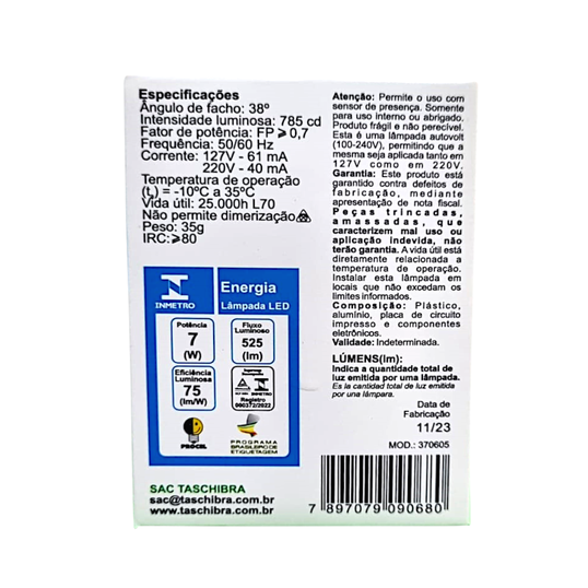 LÂMPADA LED PAR 20 7W TASCHIBRA 6500K 07W BIVOLT
