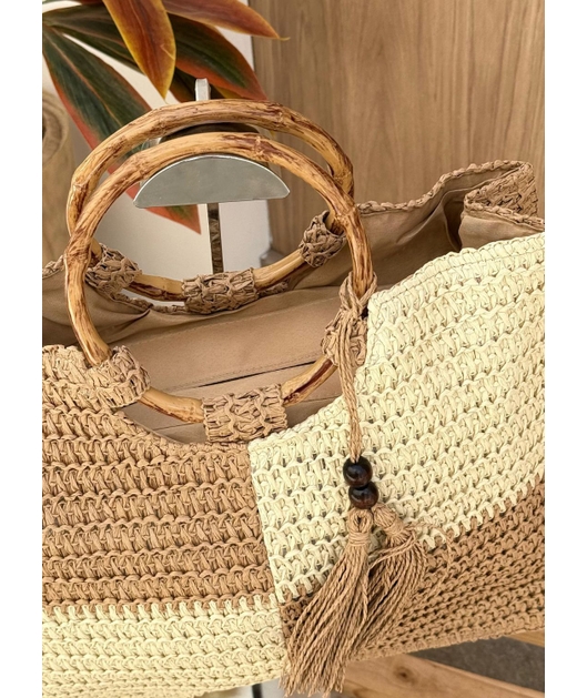 BOLSA QUADRADA BICOLOR PALHA COM ALÇA DE MADEIRA