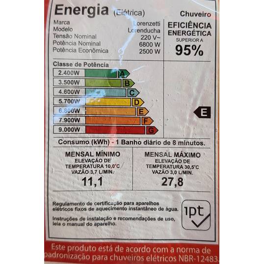 CHUVEIRO ELÉTRICO LORENDUCHA BRANCO LORENZETTI 220 V 6800 W