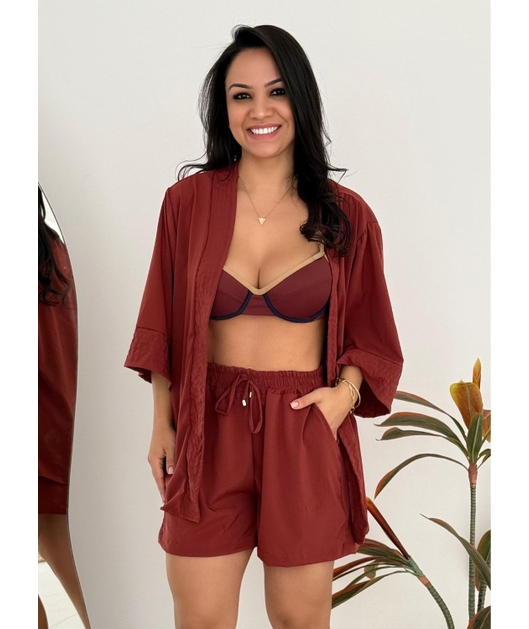 SAÍDA DE PRAIA CONJUNTO COM SHORT NA SEDINHA MARSALA COMB1908
