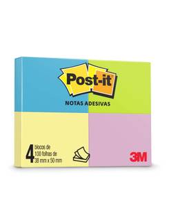 POST IT BLOCO ADESIVO 653 100F - 38X50 - C/4 - AZ/AM/RS/VD - UN - 3M