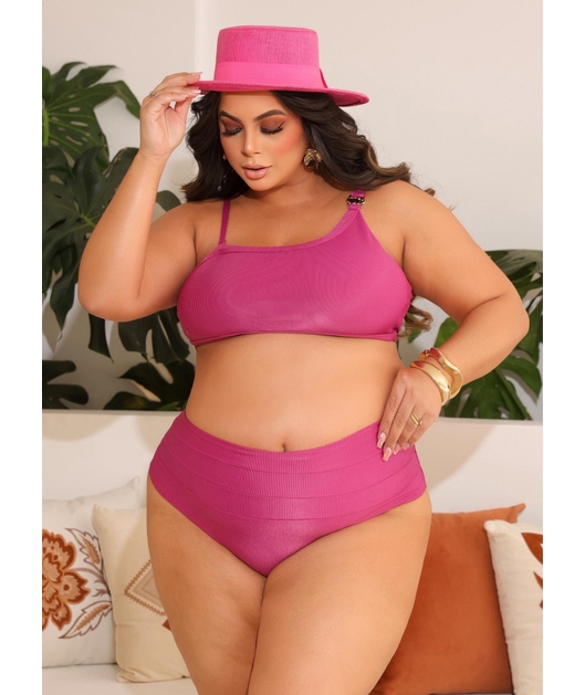 BIQUÍNI TOP NULA MANGA CALCINHA ALTA ROSA COLEÇÃO BEACH CURVE