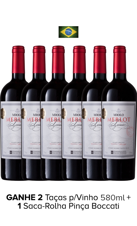 Combo Miolo Merlot Terroir (6 garrafas) + 2 Taças de Cristal + Saca-Rolha