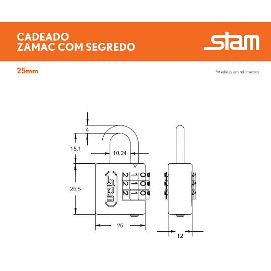 CADEADO COM SEGREDO STAM 25 MM LATONADO