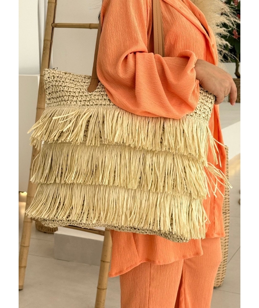 BOLSA DE PALHA COM FRANJAS EM CAMADAS OFF WHITE