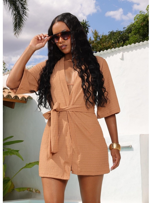 SAÍDA DE PRAIA KIMONO COM FAIXA BRONZE COLEÇÃO ILHA DO SOL