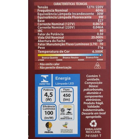 LÂMPADA LED 6500 K LORENZETTI 4,5 W BIVOLT